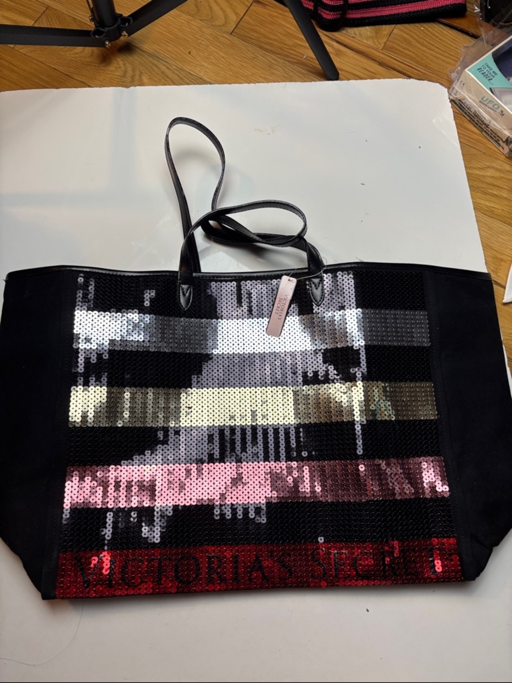 Victoria's Secret striped sequin embellished carryall tote